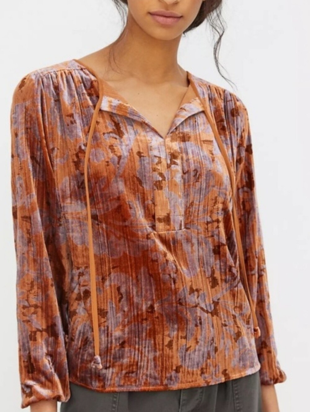 Anthropologie Faustine Velvet Peasant Blouse Rust & Lavender Pastoral Print